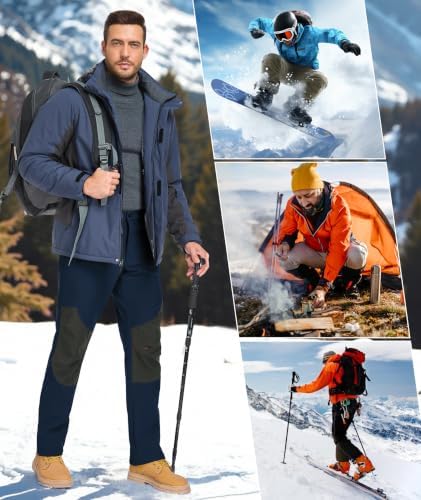 Mens Winter Snow Pants Waterproof Thermal Fleece Lined Hiking Pants with Zip Pockets