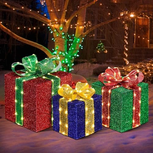 DomKom Set of 3 Christmas Lighted Gift Boxes, 160 Led Light Up Present Decorations, Metal Frame Gift Box with Lighted Bowknot for Xmas Tree Indoor Outdoor Yard Holiday Decor