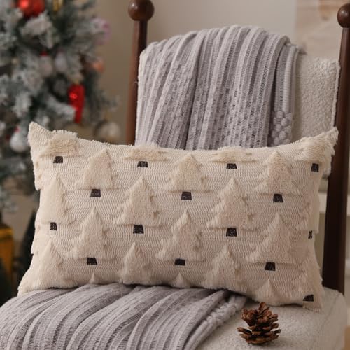 Allorry Christmas Pillow Covers 12x20 inch Set of 2 Christmas Decorations Soft Plush Faux Fur Wool Beige Christmas Tree Throw Pillow Cases Winter Holiday Decor for Sofa Living Room PT-002C12
