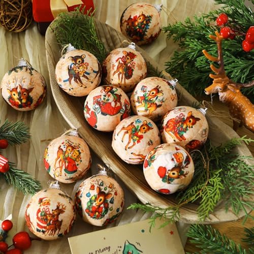 Outus 16 Pcs Christmas Tree Ball Ornaments Vintage Christmas Reindeer Decorations for Tree Colorful Xmas Decorative Hanging Ornaments for Farmhouse Home Fireplace Decoration Holiday Party Favors