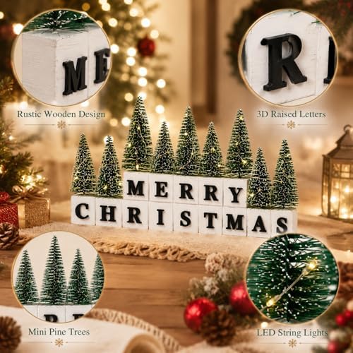 Merry Christmas Table Decor with Warm Lighted Mini Trees and 3D Letters