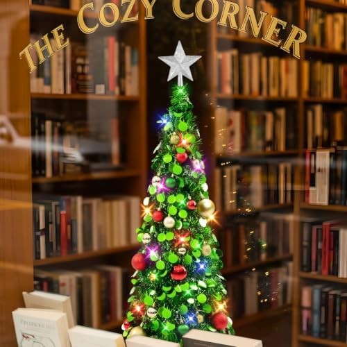 N&T NIETING Pop Up Christmas Tree with Lights, Collapsible Tinsel Xmas Tree Decorations, Pencil Christmas Tree Skinny Tree for Holiday Xmas Home Office Decor, 25 Balls, 3Ft, Green
