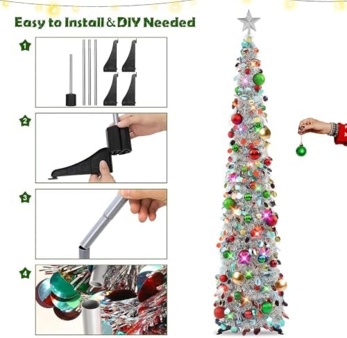 N&T NIETING Pop Up Christmas Tree with Lights, Collapsible Tinsel Xmas Tree Decorations, Pencil Christmas Tree Skinny Tree for Holiday Xmas Home Office Decor, 40 Balls, 6Ft, Silver