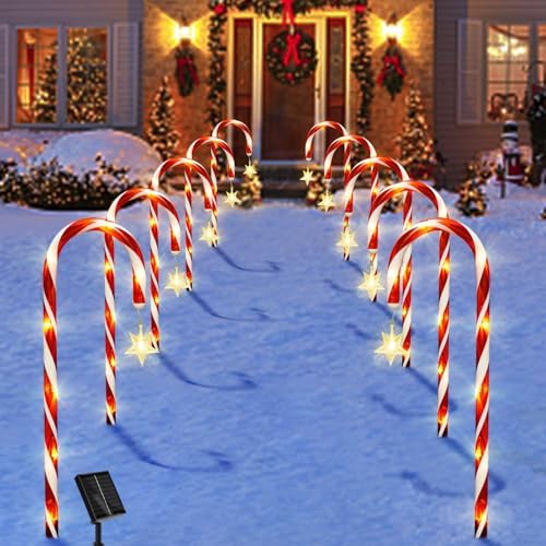 10 Pack Solar Candy Cane Lights with Stars, 21 Inch Christmas Yard Decor