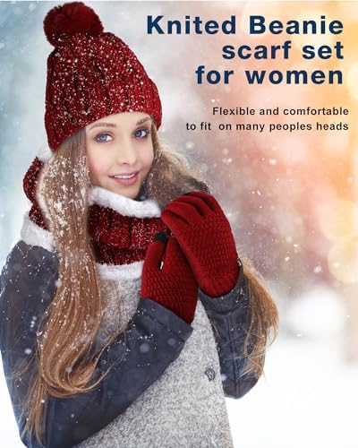 Suhine 18 Pcs Winter Beanie Hat Scarf Gloves Set for Women Include 6 Pcs Knit Hat Warm Beanie with Pompom 6 Pcs Fleece Lined Neck Warmer 6 Pair Warm Touchscreen Gloves for Women Gifts Christmas