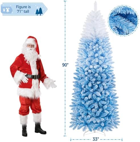 Yaheetech 7.5ft Prelit Flocked Pencil Christmas Tree, Lake Blue Gradient