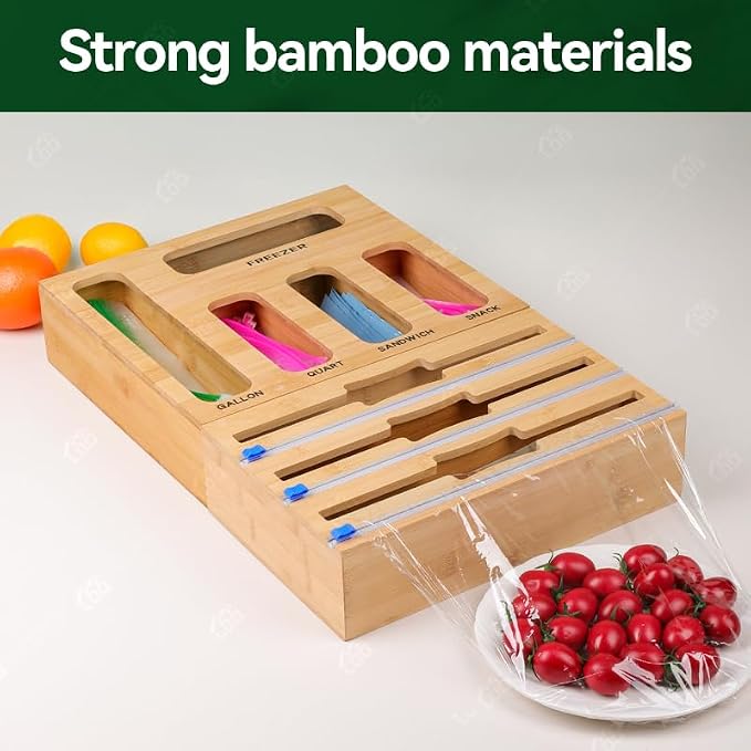 LDQ 9-in-1 Shatterproof Square Bamboo Storage Box - Aluminum Foil Dispensr with Cutter, Reusable Quarter Multi-Functional Sealed Bag Organizer for Kitchen Drawers, Walls, and Cabinetse
