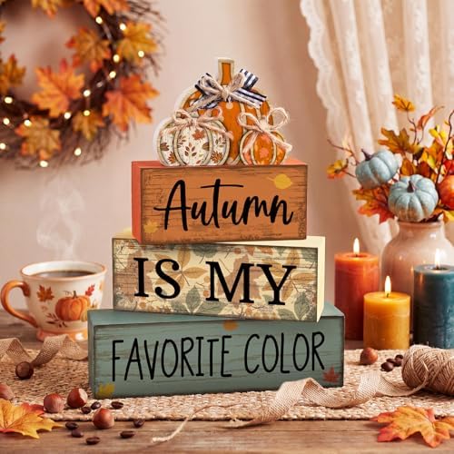 Lineshading 4 Pcs Fall Table Decor Wooden Pumpkins, Autumn Block Signs