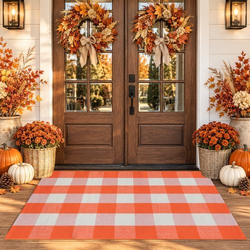 Orange and White Plaid Rug, 3' x 5' Fall Front Door Decor Mat, Cotton Washable Hand-Woven Door Mat for Layered Doormat, Autumn Halloween Thanksgiving Carpet for Porch, Entryway