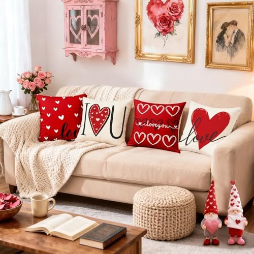 Valentines Day Decorations-Valentine Pillow Covers 20x20 Set of 4, Red Hearts I Love You Happy Valentine's Day Throw Outdoor Pillow Covers Anniversary Wedding Cushion Case for Home Sofa Couch Decor
