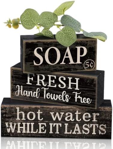 Lineshading 4 Pcs Wooden Bathroom Block Signs, Farmhouse Shelf Decor