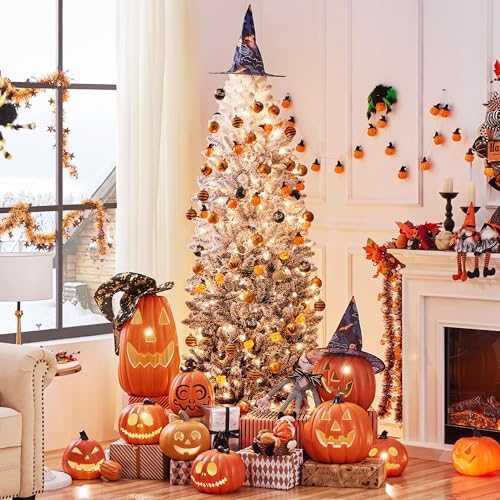Yaheetech 6ft Pre-lit Snow Flocked Pencil Christmas Tree, Black Gradient