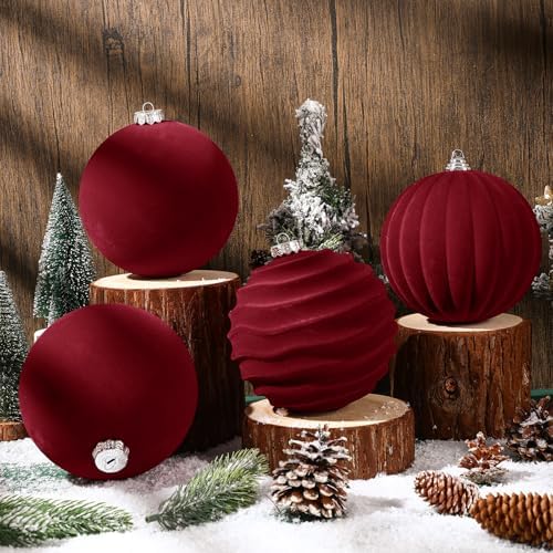 Syhood 4 Pcs 6 Inch Velvet Christmas Balls Large Ornaments, Burgundy