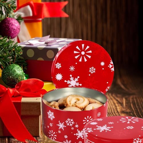 6Pieces Christmas Cookie Tins, 6.5Inch Round Cookie Containers, Empty Metal Cookie Tins with Lids for Christmas Holiday Gift Giving