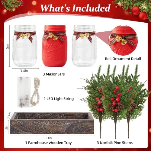 Mason Jar Christmas Table Decor, Winter Xmas Centerpieces for Tables