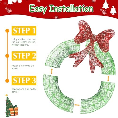 Ogrmar 24in Lighted Christmas Wreath Decoration Metal LED Lighted Wreaths