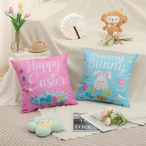Easter Pillow Covers 16x16 Inch,Easter Decorations for Home,Set of 4 Happy Easter Hunny Bunny Pink Blue Decorative Throw Pillow Covers Spring Farmhouse Decor