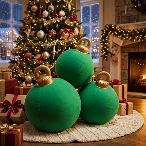 Jenaai 3 Pcs Green Giant Velvet Christmas Inflatable Ball Ornament