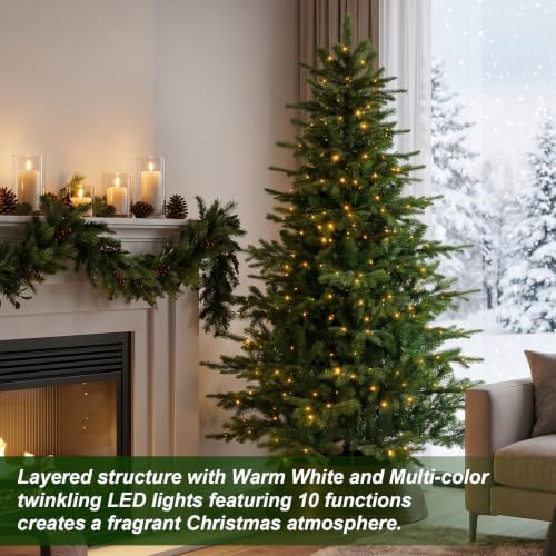 Glitzhome 6ft Prelit Christmas Tree, Small Christmas Tree Vibrant Evergreen Fir with 300 Warm White/Multi-Color Twinkling Lights, 1564 PE&PVC Branch Tips, 10 Function w/Foot Pedal and Remote
