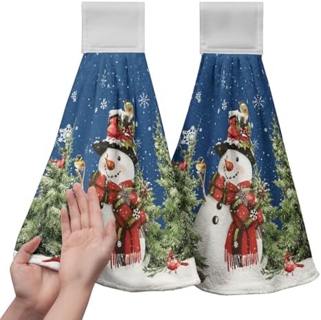 Blue Snowman Winter Kitchen Tie Towel Christmas Snow Pine Tree Birds Kitchen Hand Towels with Hanging Loops Xmas Farmhouse Bath Towel Soft Absorbent Fingertip Dish Tie Towels Set of 2