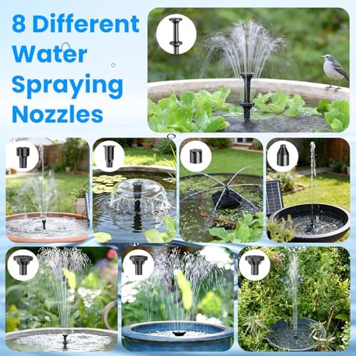 Antfraer 7W Solar Pond Filter with 3600mAh Battery Backup & Fountain Pump, Solar Water Fountain Pump with 8 Nozzles & PVC Tubing, Solar Fountain for Bird Bath, Small Ponds, Waterfall, Hydroponics