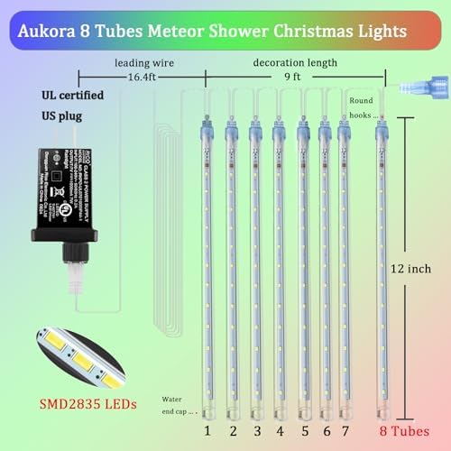 Aukora Outdoor Christmas Lights, Meteor Shower Falling Rain String Light