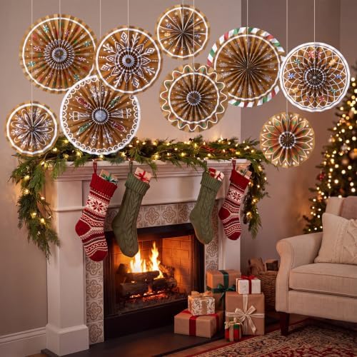 Outus 9 Pcs Christmas Hanging Decoration Candy Paper Fans Decor Gingerbread