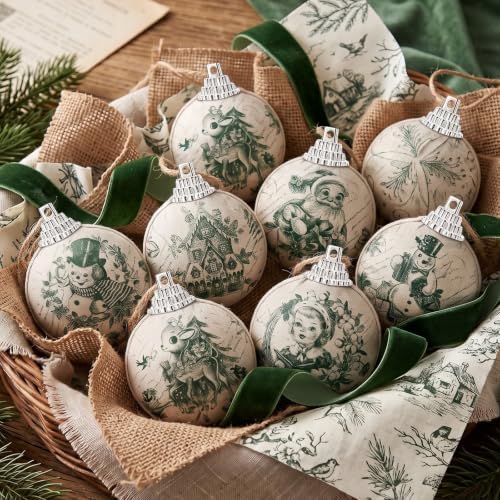 Outus 16pcs Green Vintage Toile De Jouy Christmas Ball Tree Ornaments