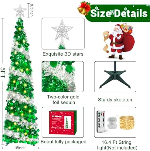 HISFFOG 5FT Pop Up Christmas Tree with 8 Rmote Lights Modes - Dual Color Sequin Tinsel Christmas Tree, Collapsible Artificial Pencil Christmas Trees Decorations for Home, Apartment, Office, Party