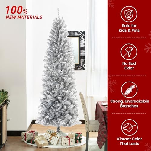 Glitzhome 7.5ft Silve Pencil Tinsel Artificial Christmas Tree, Holiday Hinged Fir Christmas Tree with 1188 Branch Tips and Metal Foldable Stand for Home Office Party Holiday Decoration