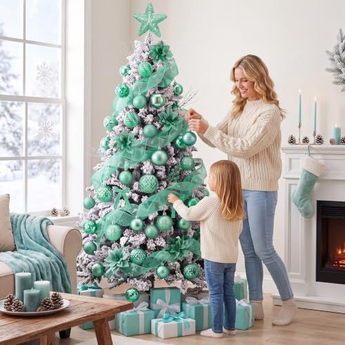 89 Pcs Christmas Tree Decorations Star Topper Ornaments Artificial Poinsettia Flowers Green Ball Velvet Bow Berry Picks Christmas Tree Hanging Ornaments for Xmas Home Office Decorations