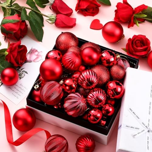 Lunmon 64 Pcs Red Christmas Ornaments Luxury Red Xmas Bulbs