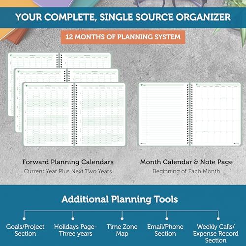 Planner Pad Spiral Bound January-December 2026/ Calendar Year 8 1/2" x 11" Large 3-Tier Funnel Down 12 Month Organizer, Greenish Grey Cover/Soft Green Ink