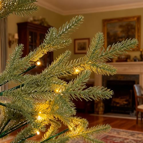 Lightshare 6FT 132L Warm White Evergreen Pine Needle Tree, Pencil Christmas Tree Lighted Pyramid Design with Ornaments, Remote Control & Dimmable, Artificial Christmas Holiday Decoration