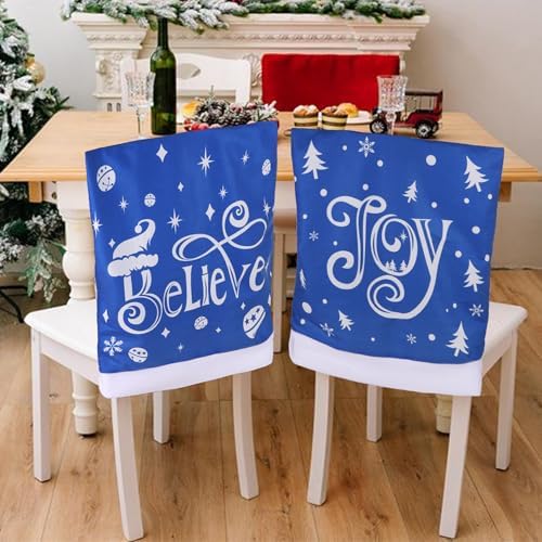 CCINEE 4pcs Christmas Chair Covers for Dining Rooms,Blue Holiday Chair Slipcovers for Kitchen Wedding Xmas Party Table Decor Winter Christmas Chair Back Covers