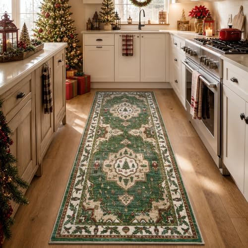 Engiw Christmas 2x8 Runner Rug, Washable Non-Slip, Soft Low Pile Carpet, Christmas Decorations for Living Room, Bedroom, Kitchen, Hallway, Entryway and Under Christmas Tree