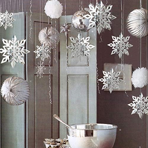Snowflake Decorations, Paper Christmas Hanging Decor Indoor, Silver, 14-Pc