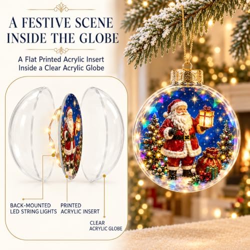 Lighted Santa Ornament with Prismatic Sparkle, 3.15 Inch Christmas Decor