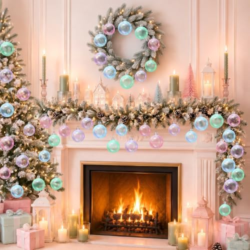 Lunmon 64 Pcs Colorful Iridescent Christmas Ornament Pastel Clear Xmas Ball