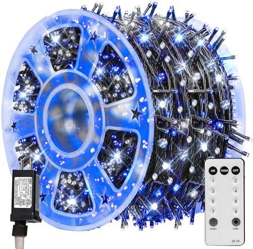 TW SHINE Christmas Lights, 600 LED 196FT Christmas String Lights Plug-in with 8 Modes Timer and Remote, Waterproof Outdoor Decorations for Bedroom Wedding Party Yard Tree Decor, Blue & White