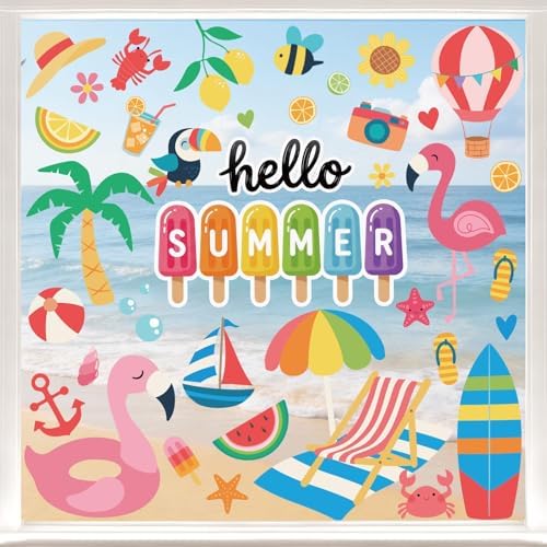 Summer Window Clings for Glass Windows Decor, Beach Window Decals for Kids