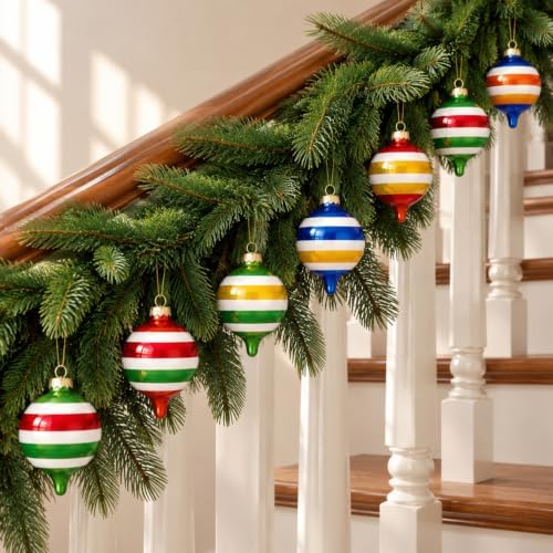 Soulchen 10 Pcs Vintage Glass Christmas Ornaments, Stripes, Festive