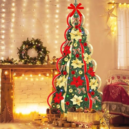 6 Ft Pop up Christmas Tree,Pre-Lit Christmas Trees with Lights 200 LED Collapsible Christmas Tree Plug-in with Remote, 8 Lighting Modes for Outdoor Indoor Party Christmas Decor