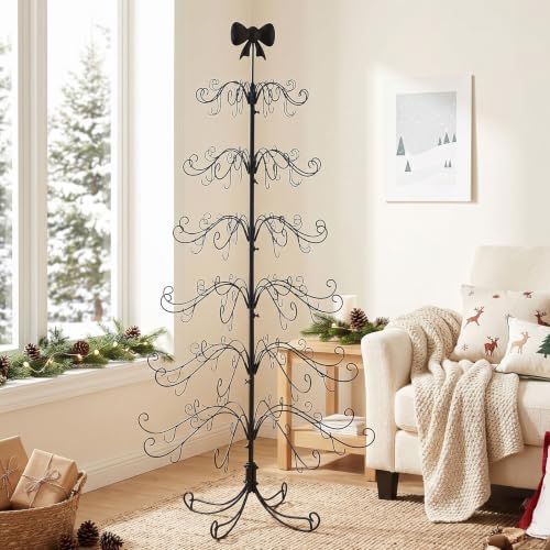 6ft Wrought Iron Christmas Tree, Bow Topper, Ornament Display Stand, Black