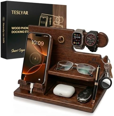 TESLYAR Wood Phone Docking Station for Men - Desk or Nightstand Organizer - Birthday Gifts for Husband, Dad - Anniversary Idea from Wife - Key Holder, Stand Wallet, Watch & Essentials (Bourbon Brown)