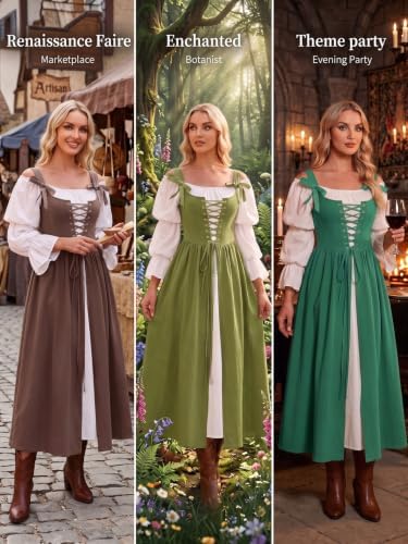 Wenrine Renaissance Costume Womens Lace Up Corset Halloween Medieval Dress