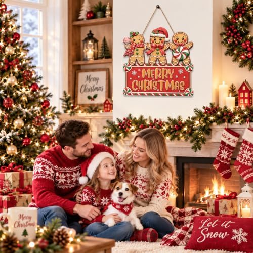 Christmas Decorations Gingerbread Trio Merry Christmas Hanging Wooden Sign