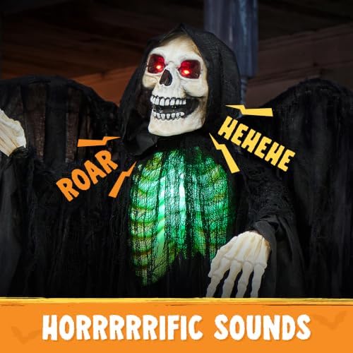 JOYIN Halloween Decorations Outdoor, Life Size Animatronics Grim Reaper, Sound-Actived Haunted House Props Decors with Creepy Sound for Garden Yard Lawn Outside Indoor