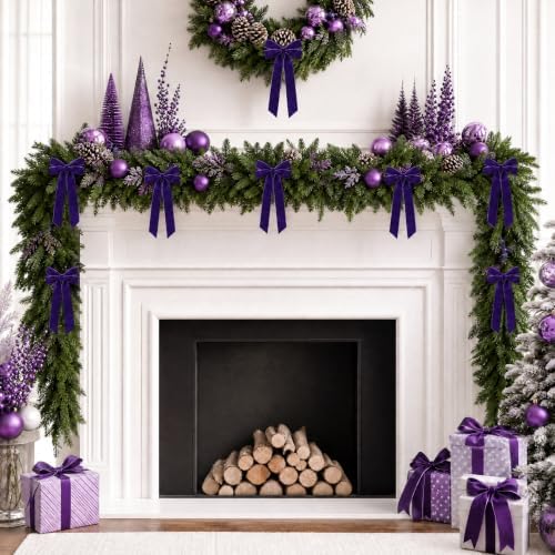 12Pcs Purple Velvet Ribbon Bows Christmas Tree Decorations,5in x 10in Xmas Ornaments for Tree Home Party Front Door Wreath Garland Holiday Decor