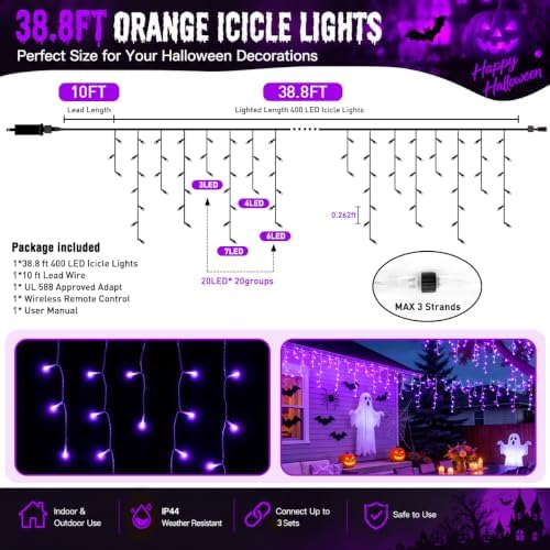 JMEXSUSS 38.8 FT 400 LED Purple Halloween Icicle Lights Outdoor